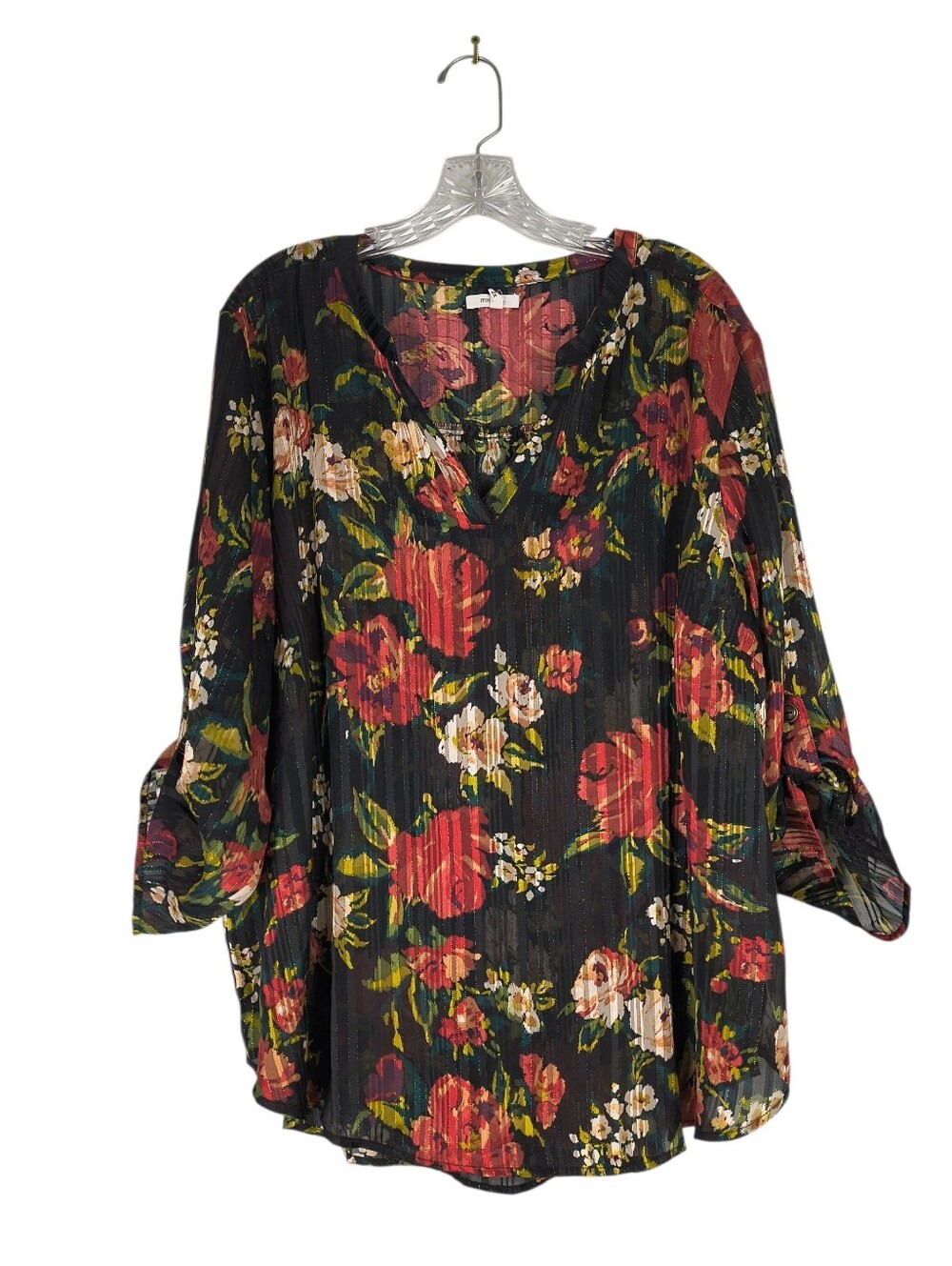 Maurices Atwood Popover Blouse Womens 2X Black Red Floral Metallic Stripes Sheer